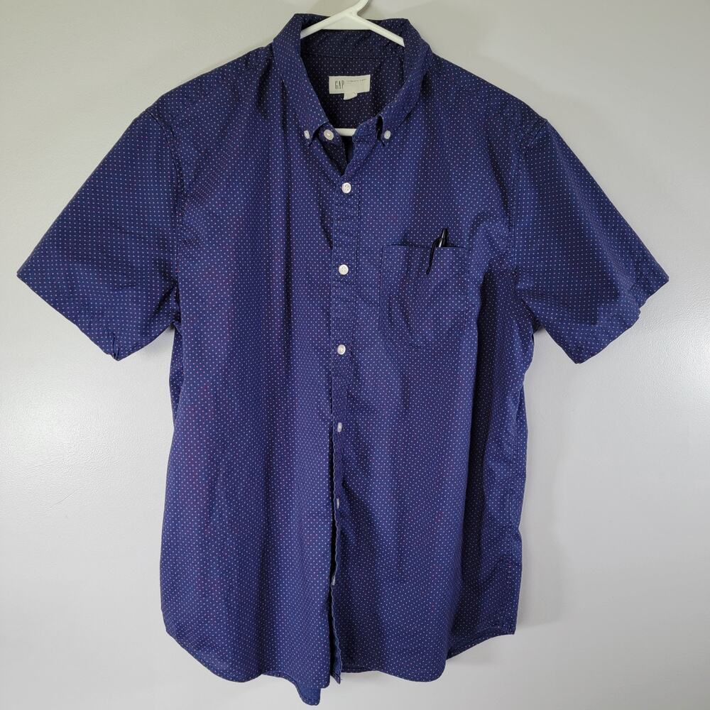 GAP Button Up Short Sleeve Shirt Mens L Blue Red Polka Dots Preppy Work Office